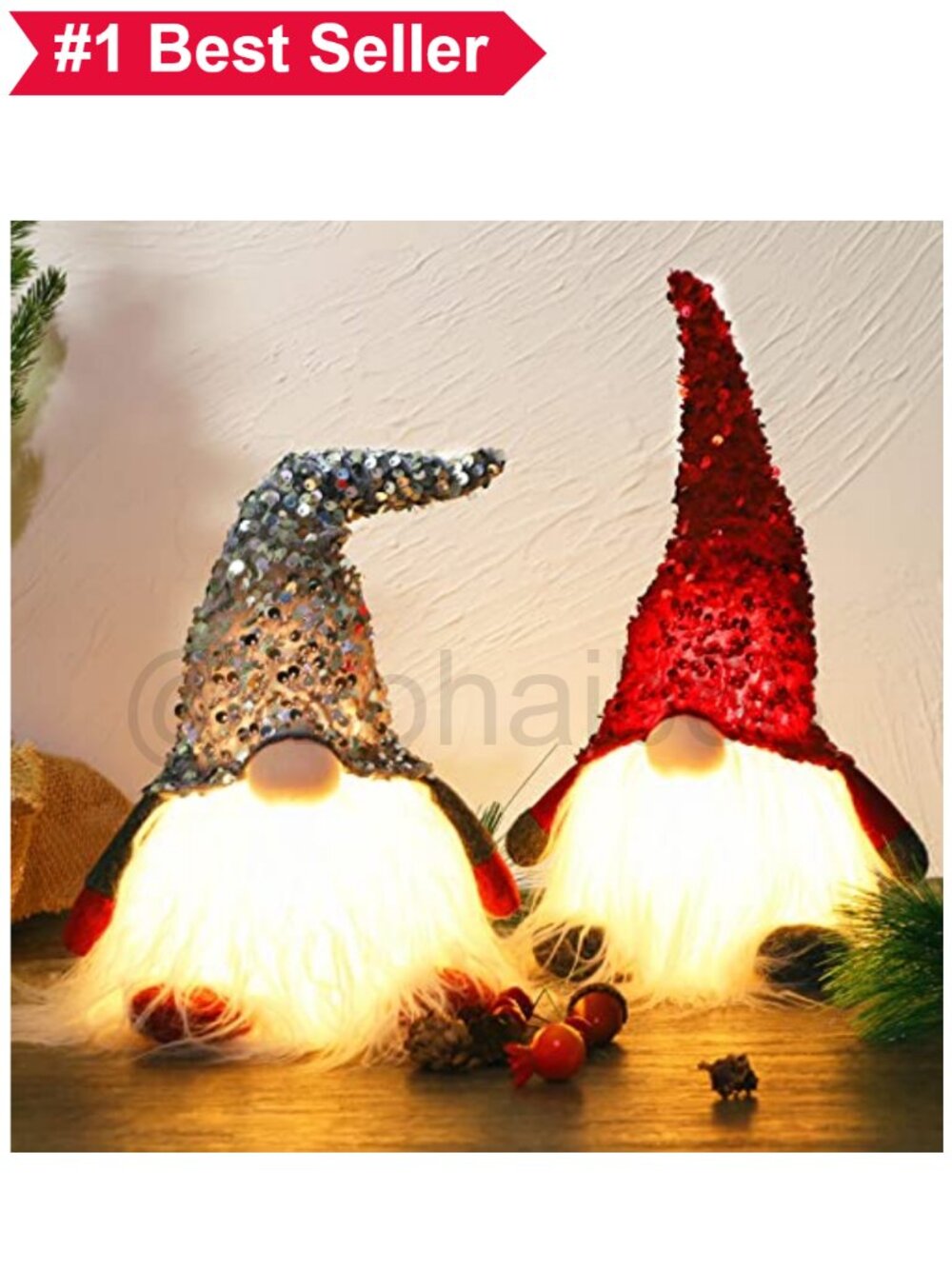 🎄 Lighted Christmas Gnome Set Handmade Sequins Hat Battery Operated Tabletop